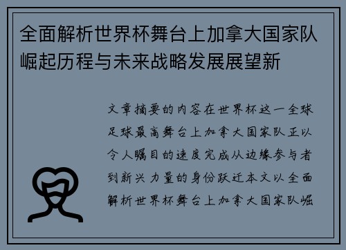 全面解析世界杯舞台上加拿大国家队崛起历程与未来战略发展展望新